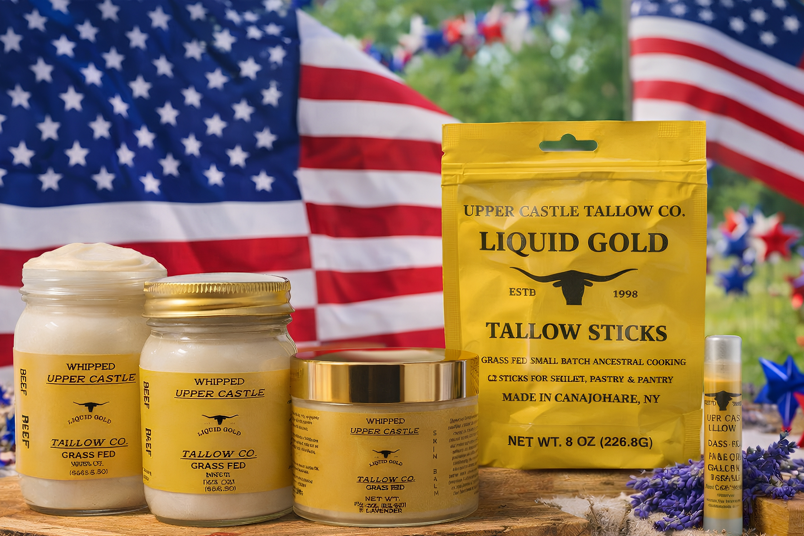 Upper Castle Tallow Co. products with an American flag in the background for Memorial Day.